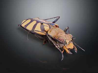 Yellow And Black Striped Beetle With Large Mandibles And Antennae On Dark Background 3d model