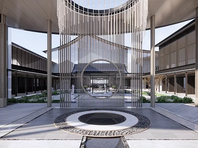 Modern Garden Landscape With Circular Water Feature Metal Screens And Courtyard 3d model