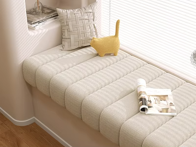 Cozy Bay Window With Striped Cushioned Seat Throw Pillow Yellow Cat And Magazine 3d model
