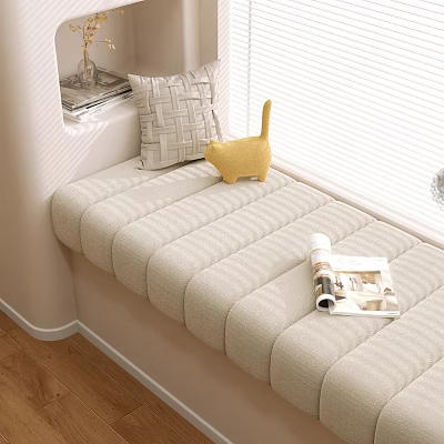 Cozy Bay Window With Striped Cushioned Seat Throw Pillow Yellow Cat And Magazine 3d model