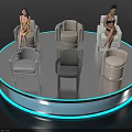 Modern Single Chairs Displayed on Circular Platform with Female Models 3d model