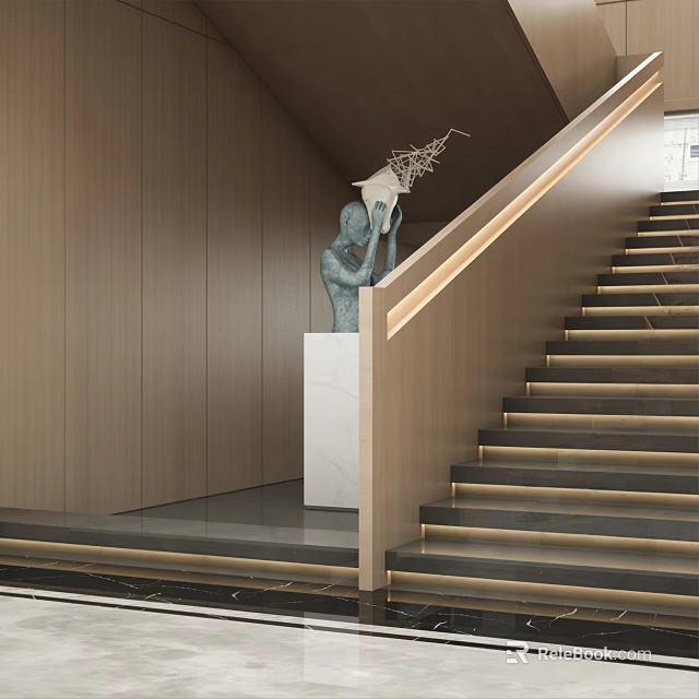 Modern Office Corridor Interior With Staircase Wooden Walls Sculpture And Recessed Lighting 3d model 