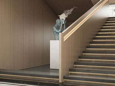Modern Office Corridor Interior With Staircase Wooden Walls Sculpture And Recessed Lighting 3d model