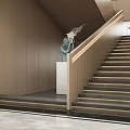 Modern Office Corridor Interior With Staircase Wooden Walls Sculpture And Recessed Lighting
