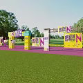 Outdoor Event Setup With Colorful RUN Letters Pink Ground Green Grass Trees And Signboards