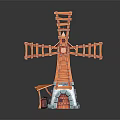 Cartoon Scene of Windmill with Colorful Wooden Structure Small Stairs and Little Door