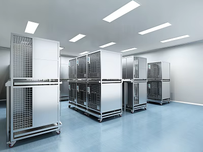 Laboratory Interior With Stainless Steel Equipment Cabinets Blue Floor And Ceiling Strip Lights 3d model