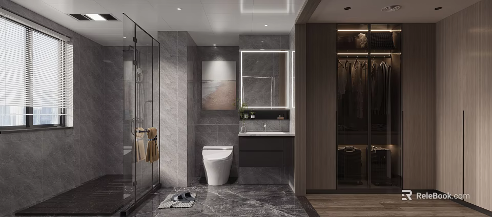 Elegant Modern Grey Marble Bathroom With Smart Toilet LED Mirror Glass Shower And Adjacent Closet 3d model 