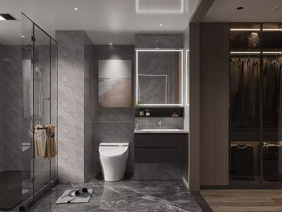 Elegant Modern Grey Marble Bathroom With Smart Toilet LED Mirror Glass Shower And Adjacent Closet 3d model