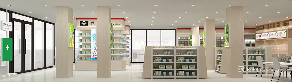 Bright White Pharmacy Store With Shelves Displaying Various Medications And Organized Interior 3d model 