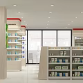 Bright White Pharmacy Store With Shelves Displaying Various Medications And Organized Interior