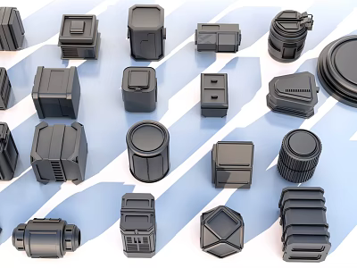 Tactical Weapon Accessories In Various Black Shapes With Blue White Striped Background 3d model