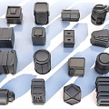 Tactical Weapon Accessories In Various Black Shapes With Blue White Striped Background