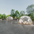 Birds Eye View Aerial Planning of Modern Dome Structures in Outdoor Landscape With Trees