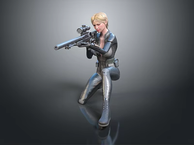 Blonde Woman in Black Combat Suit Holding Sniper Rifle in Crouching Position with Dark Background 3d model