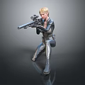 Blonde Woman in Black Combat Suit Holding Sniper Rifle in Crouching Position with Dark Background