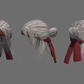 White and Black Wigs Displayed on Red Stands with Long Hair Strands