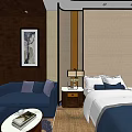 Elegant Hotel Guest Room Interior With Blue Sofa Patterned Carpet Bed Desk And Paintings