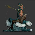 Mythical Sea Creature Warrior With Trident Standing On Turquoise Wave Rock In Ornate Armor