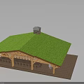 Wooden Pavilion Building With Green Sloped Turf Roof And Chimney On Platform