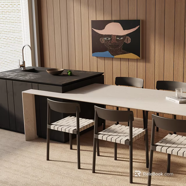 Modern Dining Table Set With White Top Black Chairs Striped Seats Wooden Wall Island Counter 3d model 