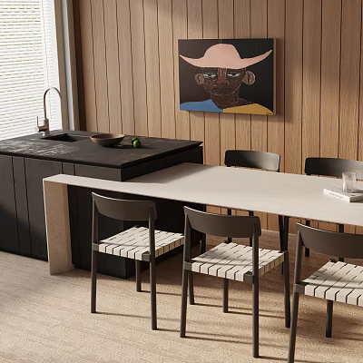 Modern Dining Table Set With White Top Black Chairs Striped Seats Wooden Wall Island Counter 3d model