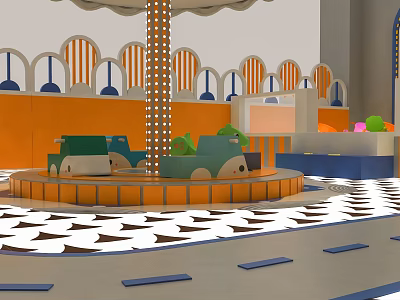 Vibrant Children's Carousel With Car Shaped Seats Orange Walls Arched Decorations And Colorful Balls 3d model