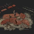 Natural Desert Landscape With Red Stones Dry Branches And Dry Grass On Dark Background