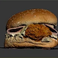 Hamburger With Sesame Seed Bun Fried Chicken Ham And Cheese On White Paper Dark Background