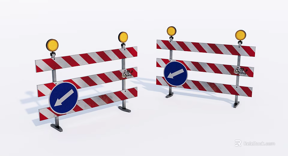 Road Traffic Barriers With Red White Stripes Yellow Warning Lights And Blue Arrow Signs 3d model 