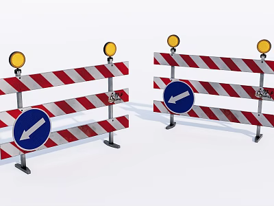Road Traffic Barriers With Red White Stripes Yellow Warning Lights And Blue Arrow Signs 3d model
