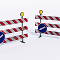 Road Traffic Barriers With Red White Stripes Yellow Warning Lights And Blue Arrow Signs