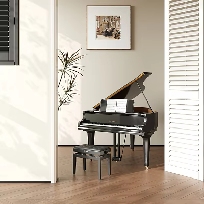 Elegant Musical Instruments and Art Supplies Setup With Piano Easel and Paintbrushes 3d model