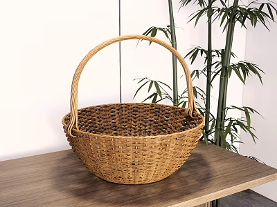 Stylish Natural Wicker Basket as Household Item on Wooden Table with Bamboo Plant 3d model