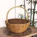 Stylish Natural Wicker Basket as Household Item on Wooden Table with Bamboo Plant