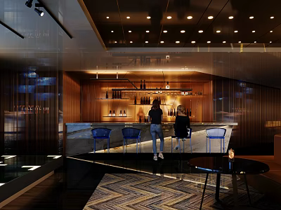 Modern Bar Interior With Wooden Counter Wine Bottles And Blue Bar Stools 3d model
