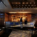 Modern Bar Interior With Wooden Counter Wine Bottles And Blue Bar Stools