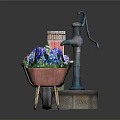 Outdoor Decorative Items With Red Birdhouse Blue Faucet And Wheelbarrow Filled With Flowers