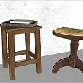 Two Vintage Wooden Stools with Stacked Books and Upholstered Seat Design
