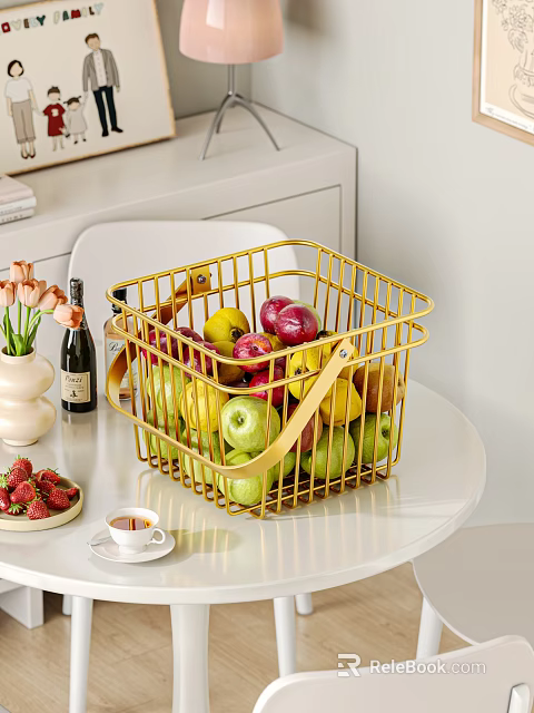 Assorted Fresh Fruits in Golden Wire Basket on White Table with Fresh Strawberries 3d model 
