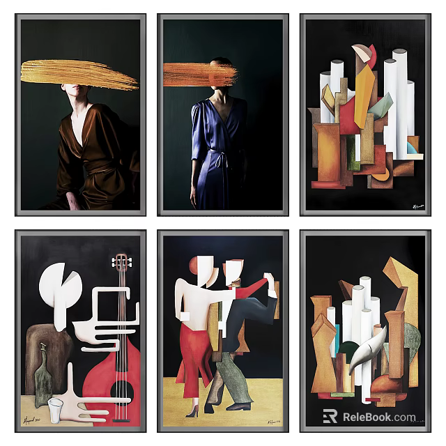 Collection of Six Diverse Art Paintings Featuring Abstract Figures Geometric Shapes and Guitar 3d model 