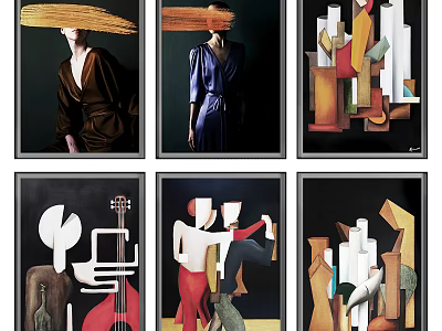 Collection of Six Diverse Art Paintings Featuring Abstract Figures Geometric Shapes and Guitar 3d model