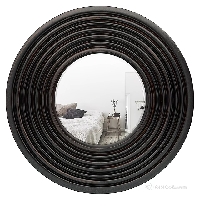 Stylish Round Mirror With Dark Brown Layered Frame Reflecting Bedroom Interior 3d model 
