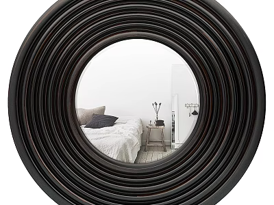 Stylish Round Mirror With Dark Brown Layered Frame Reflecting Bedroom Interior 3d model
