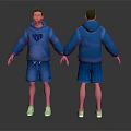 Man In Blue Hoodie And Blue Shorts With White Shoes Front Back Views