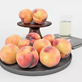 Ripe Peaches Arranged on Black Trays with Milk Glass and Stacked Gray Napkins
