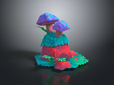 Wood Stone Mushroom Decorative Sculpture Featuring Colorful Low Poly Design And Green Leaves 3d model