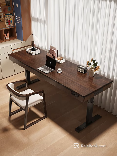 Wooden Desk With Laptop Coffee Cup Table Lamp Photo Frame And Vase In Modern Room 3d model 