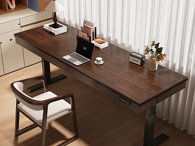 Wooden Desk With Laptop Coffee Cup Table Lamp Photo Frame And Vase In Modern Room 3d model
