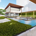 Modern Architectural Building With Pool Reflection Glass Facade And Green Trees 3d model